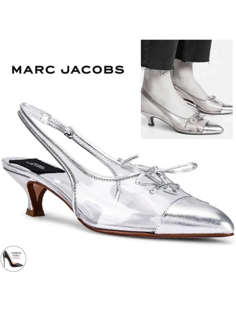 MARC JACOBS Women's Slingback Kitten-Heel Pumps Silver Clear Pointed Toe Shoes